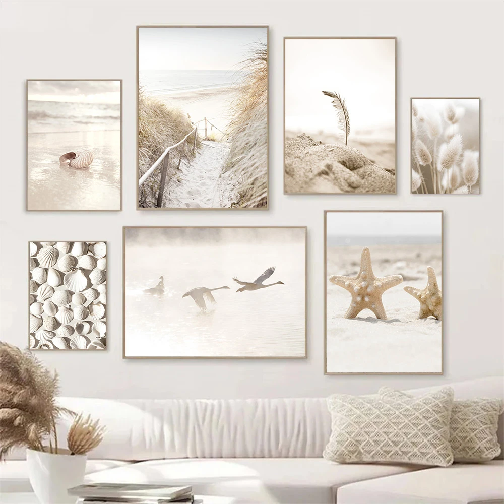 Pampas Grass Decor - Beżowy Plakat z Krajobrazem Rozgwiazda Muszla