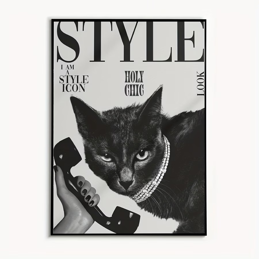 Home Decor Cat - Retro Czarny Kot Rozmawiający na Telefonie