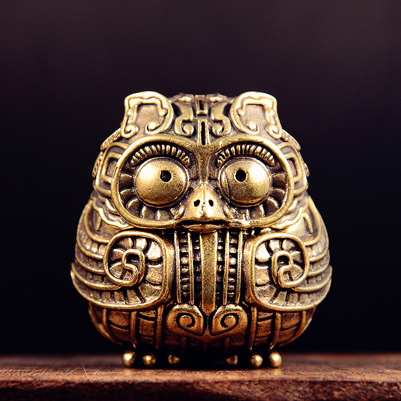 Home Decor Humacao - Antyczna Mosiężna Urocza Mała Statuetka Sowy